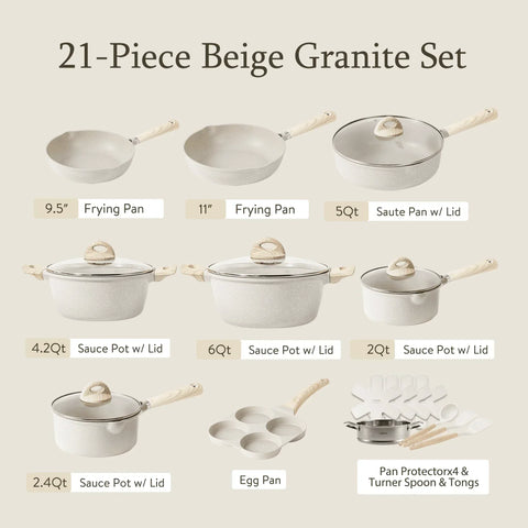 Non Stick Pots and Pans Set, 21 Pcs Induction Kitchen Cookware Sets (Beige Granite) for Everyday Cooking & Meal Prep