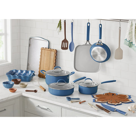 The Pioneer Woman Sutton 34 - Piece Ceramic Nonstick Cookware and Bakeware Set, Blue for Home Kitchen & Office