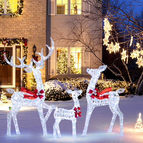 Tangkula 3 - Piece Christmas Lighted Iridescent Reindeer Family Set with 215 Cold White LED Lights and Ground Stakes for Home, Patio & Room Decor